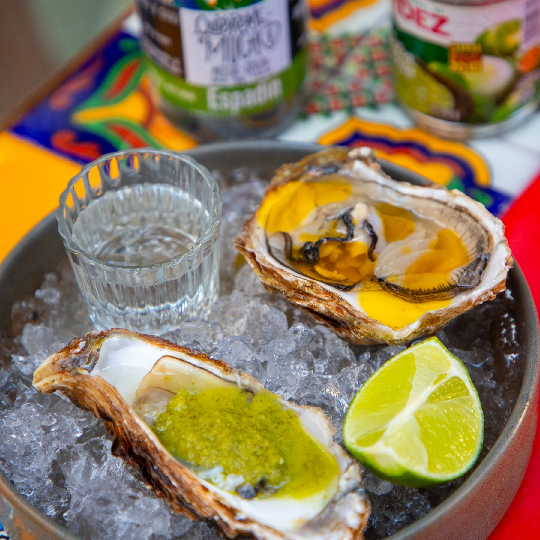 Frische Austern auf Eis mit Limette und Getränk